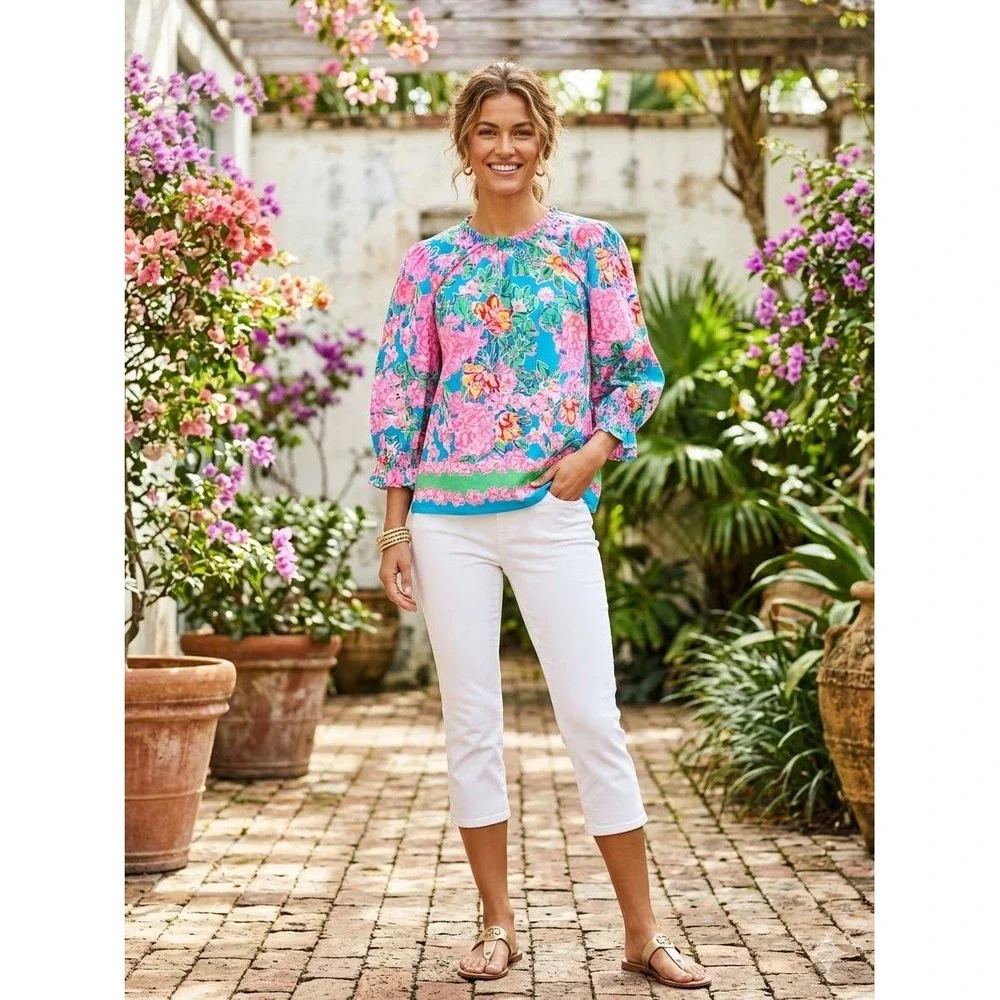 Lilly Pulitzer Blue Pink Floral Cotton Puff Sleeve Blouse Top M 008109